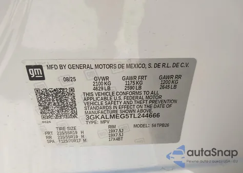 2026 GMC Terrain Fwd Elevation from USA, damaged, VIN 3GKALMEG5TL244666